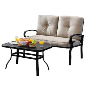 2-Piece Metal Patio Conversation Set Loveseat Bench Table Furniture Set with Beige Cushioned Chair