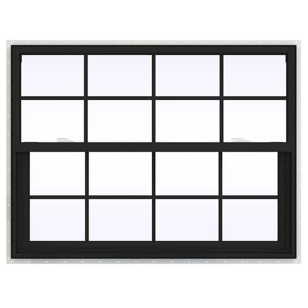 JELD-WEN 48 in. x 36 in. V-2500 Series Bronze Exterior/White Interior FiniShield Vinyl Single Hung Window, Colonial Grids/Grilles
