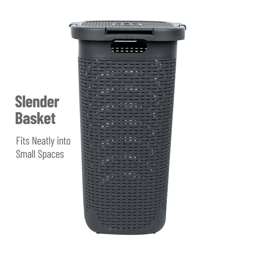 Gray Plastic Wicker Laundry Hamper with Lid and Wheels
