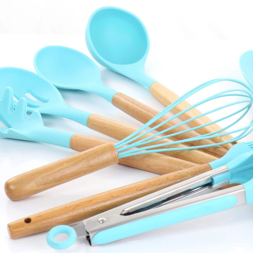 MegaChef Light Teal Silicone and Wood 12-Piece Cooking Utensil Set