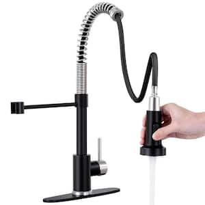 Single Handle Pull Down Sprayer Kitchen Faucet with Spring Spout in Black and Brushed Nickel