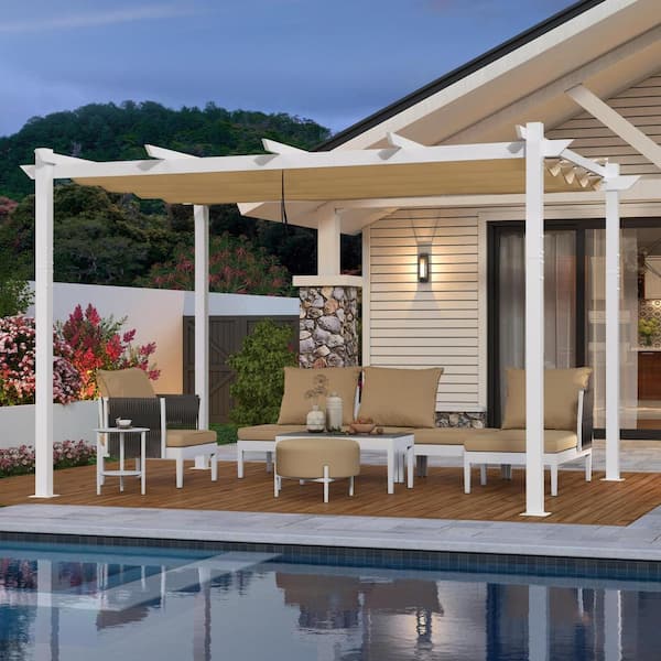 PURPLE LEAF 10 ft. x 13 ft. White Aluminum Frame Patio Pergola Gazebo with Beige Retractable Sunshade Canopy and Extra Top Roof