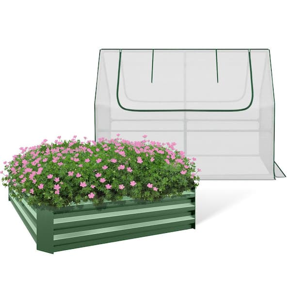 Green Metal Square Raised Garden Bed (47.25 in. L x 47.25 in. W x 11.81 in. H) with White Mini Greenhouse Kit