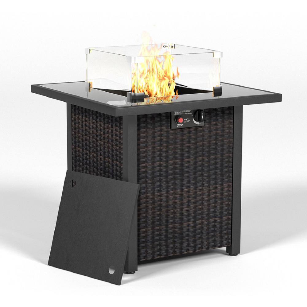 Brown 28 in. Propane Fire Pit Table 50000 BTU Gas Firepits Tempered Glass Tabletop with Glass Windscreen Protector