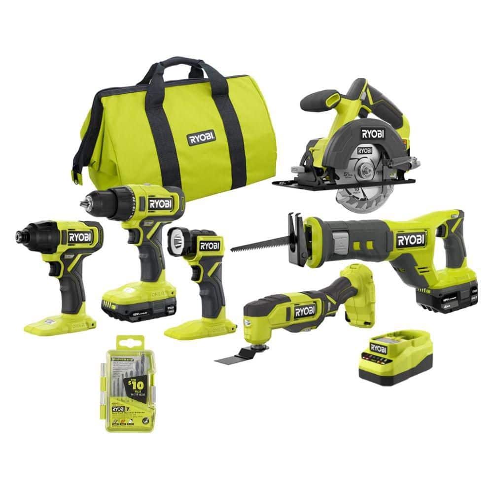 Ryobi ONE+ 18V Cordless 6-Tool Combo Kit w/ (2) Batteries, Charger & Black Oxide Round Shank Drill Bit Set (7-Piece)