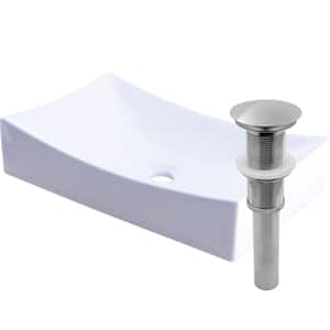 Modern Porcelain Rectangle Vessel Sink in White with Umbrella Drain in Brushed Nickel