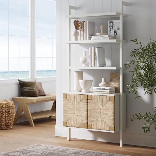 Beacon 72 in. Tall Warm White Wood 3-Shelf Ladder Bookcase with Seagrass Doors and Solid Wood Frame, Seagrass/White