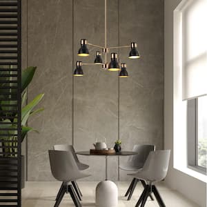 Suddly 6-Light Modern Brass Gold Adjustable Chandelier, Industrial Two Tiers Hanging Pendant with Black Cone Metal Shade