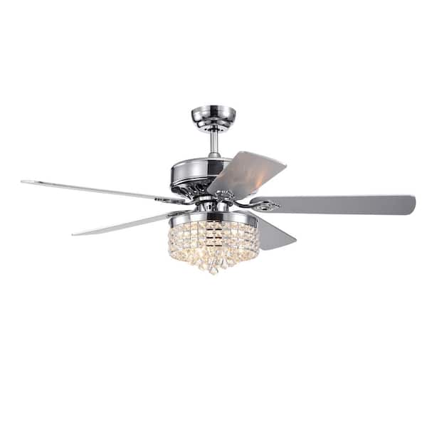 52 in. Indoor Chrome Modern Fandelier Ceiling Fan with 5 Wood Blades, Noiseless Motor & Remote (No Bulb Included)