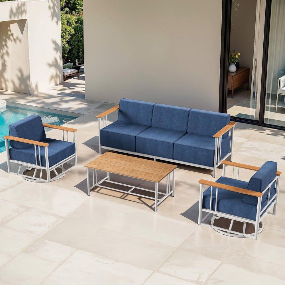 BINGDWEN 4-Piece White Metal Patio Conversation Seating Set, Outdoor Sofa Set with Swivel Chair and Blue Olefin Cushions