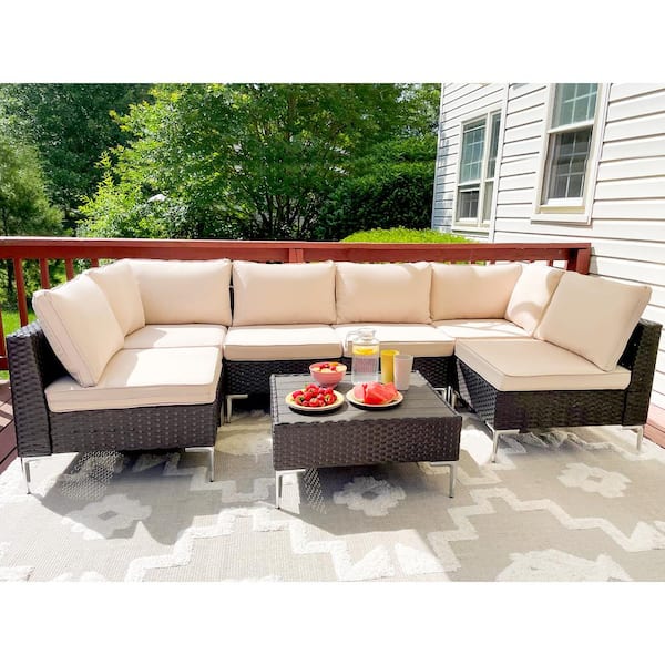 Zeus & Ruta 7-Pieces Brown Wicker Outdoor Rattan Sectional Sofa All Weather Patio Furniture Set with Khaki Cushion and Coffee Table