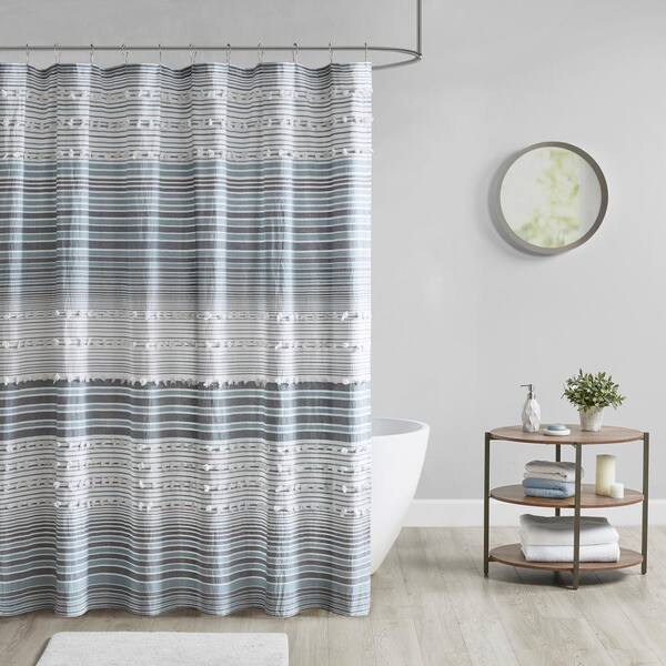 Urban Habitat Charlie Navy 70 In X 72 Cotton Yarn Dye Shower Curtain With Pom Poms Uh70 2352 The Home Depot Cotton Yarn Dye Shower Curtain, Grey Chevron Shower Curtain