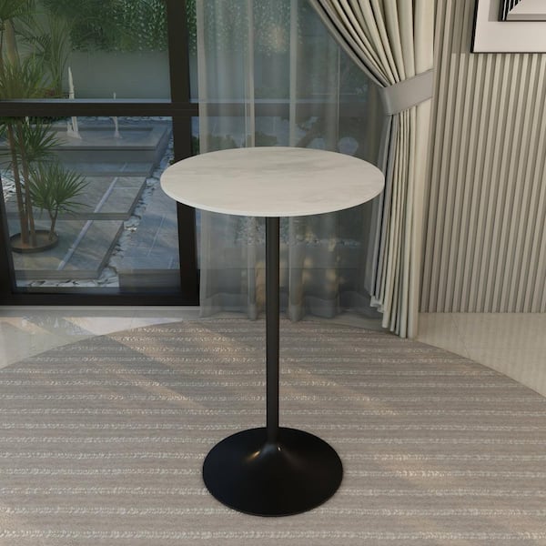 Leisuremod Round 27 in. Bar Height Dining Table with Sintered Stone Top and Black Steel Pedestal Base Verve Series in Marble White