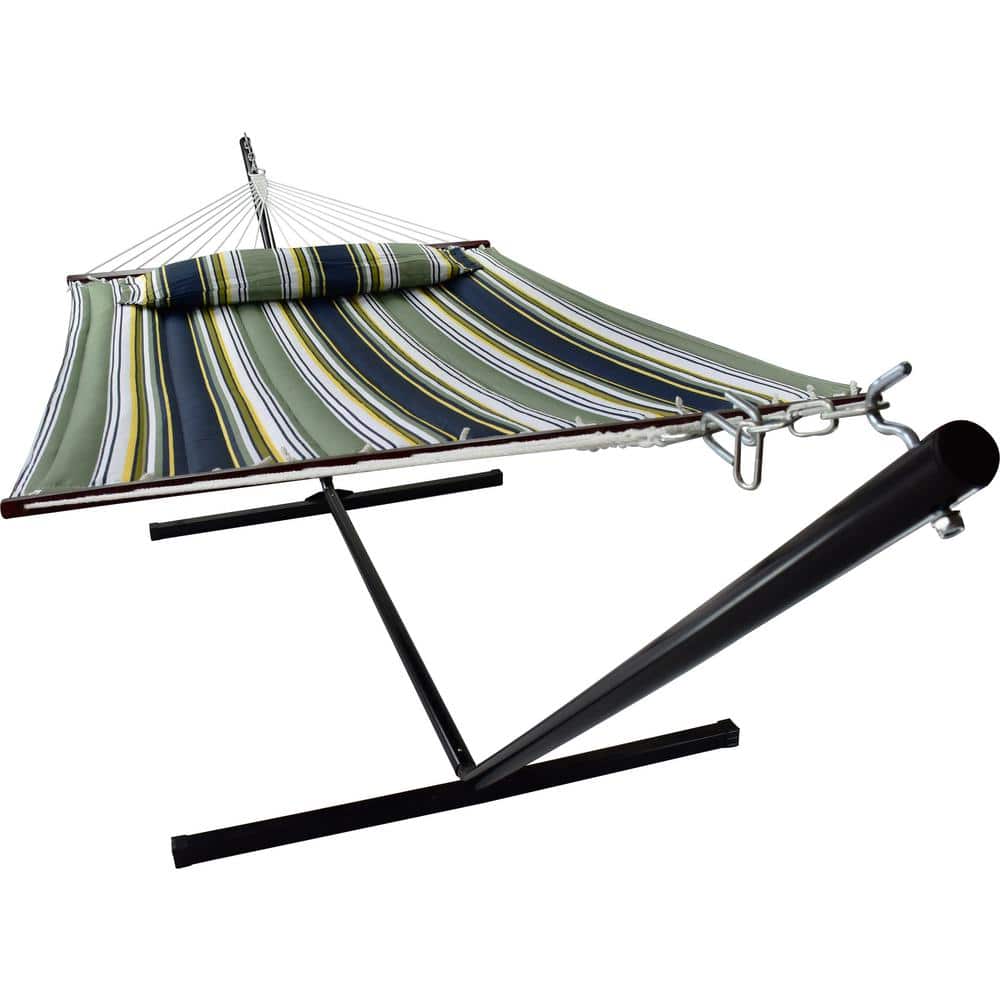 Blue and Green Striped Cotton Hammock with Stand and Pillow