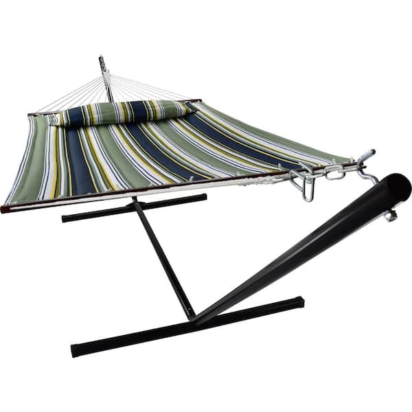 6.25 ft. Heavy-Duty Hammock Bed with Stand and Spreader Bars and Detachable Pillow in Blue and Aqua