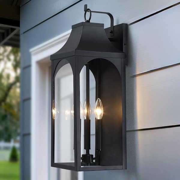 22 in. Black 3-Light Large Outdoor Wall Lights With Clear Glass, Wall Sconce for Porch, Patio, Outdoor Lanterns