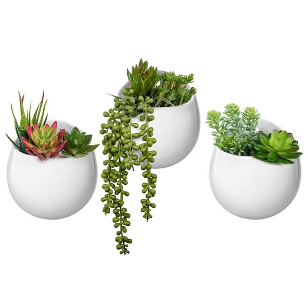 Afoxsos White Ceramic Wall Planter 5 in. x 3 in. Artificial Succulent Hedge Panel Modern Indoor Home Decor (Set of 3)