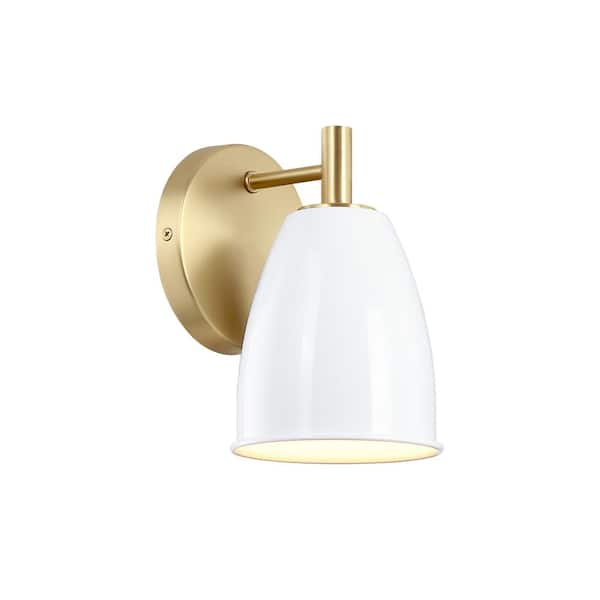 Biba 5.25 in. 1-Light Brushed Gold Modern Wall Sconce with Ice Mist Metal Shade