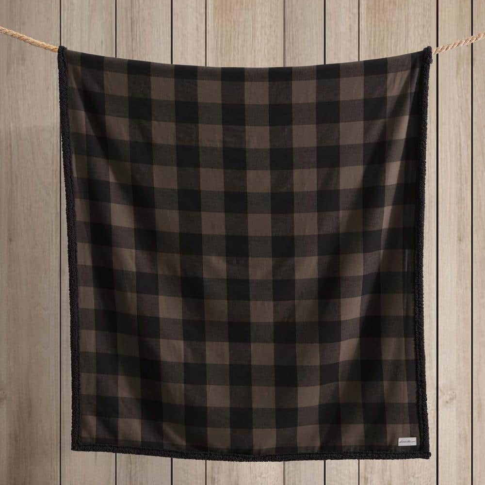 Brown Plaid Reversible Sherpa Cotton Throw Blanket