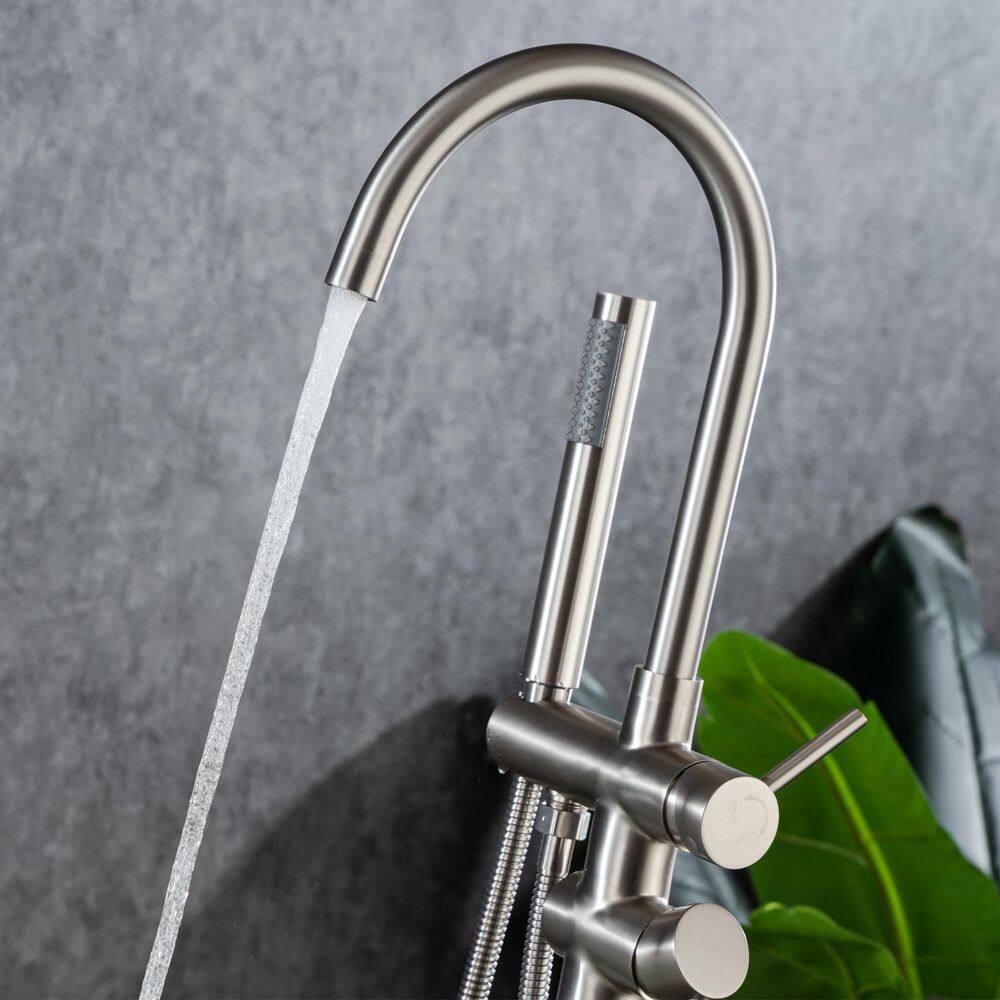 Brushed Nickel Double Handle Floor Mount Tub Faucet with Hand Shower