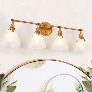 Vintage Brushed Gold Bathroom Vanity Light 31.5 in. 4-Light Powder Room Wall Sconce with White Frosted Bell Glass Shades