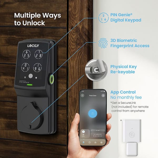 Lockly Secure Plus Matte Black Deadbolt WiFi Smart Lock with 3D Fingerprint, Touchscreen Keypad, works with Hey Google/Alexa