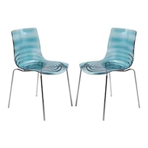 Astor Water Ripple Design Modern Lucite Dining Side Chair with Metal Legs Set of 2 in Transparent Blue