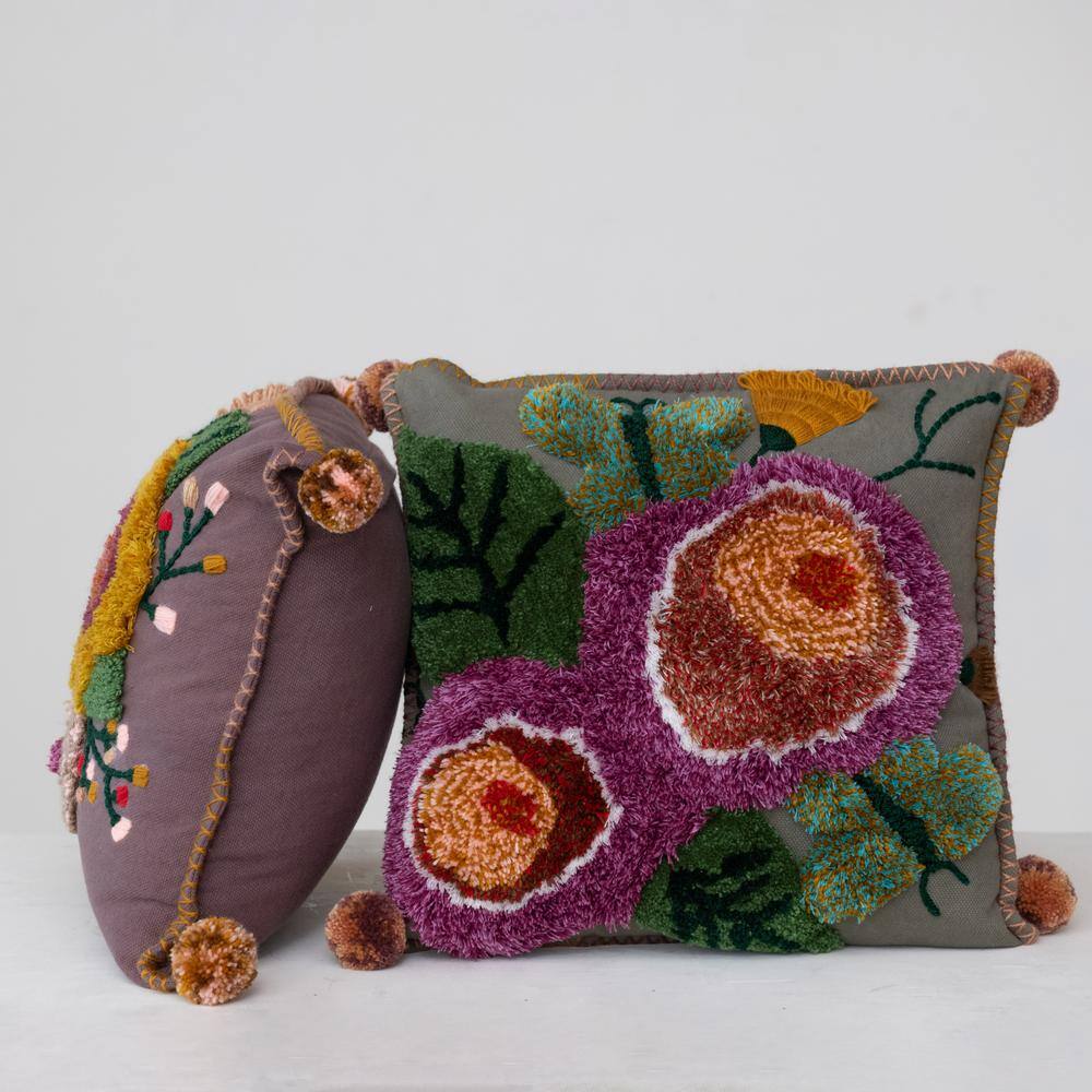 Embroidered Multicolor Floral Cotton Square Throw Pillows Set