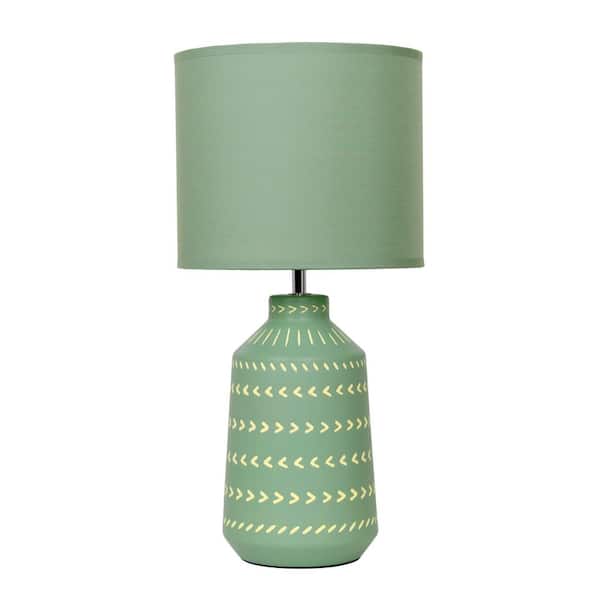 16.93 Boho Ceramic Table Lamp, Green Patterned Base for Bedroom or Office