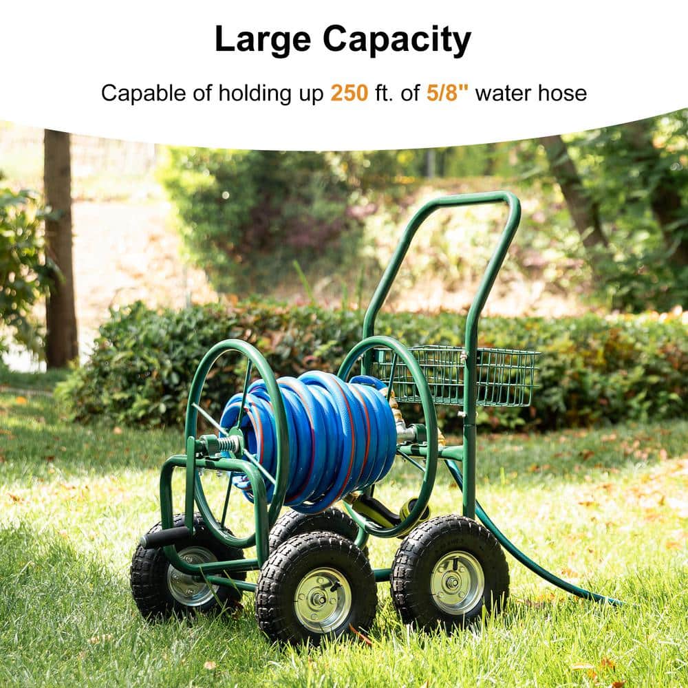 Green Steel 4-Wheel Garden Hose Reel Cart with Climate Resistant Finish