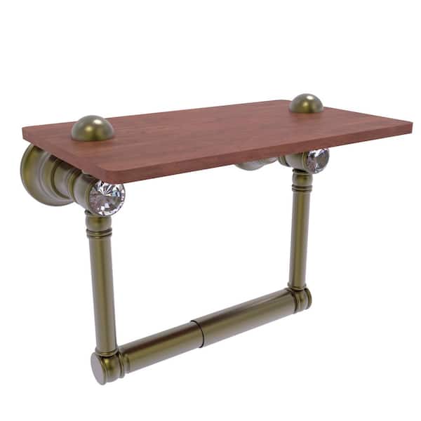 Allied Brass Carolina Crystal Collection Wall Mounted Toilet Paper Holder in Antique Brass with Wood Shelf