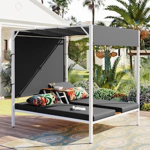 Gray Metal Outdoor Day Bed with Dark Gray Cushions, 3-Position Adjustable Backrest, Adjustable Tabletop and Curtains