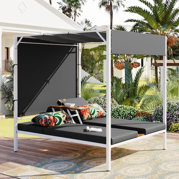 Harper & Bright Designs Gray Metal Outdoor Day Bed with Dark Gray Cushions, 3-Position Adjustable Backrest, Adjustable Tabletop and Curtains