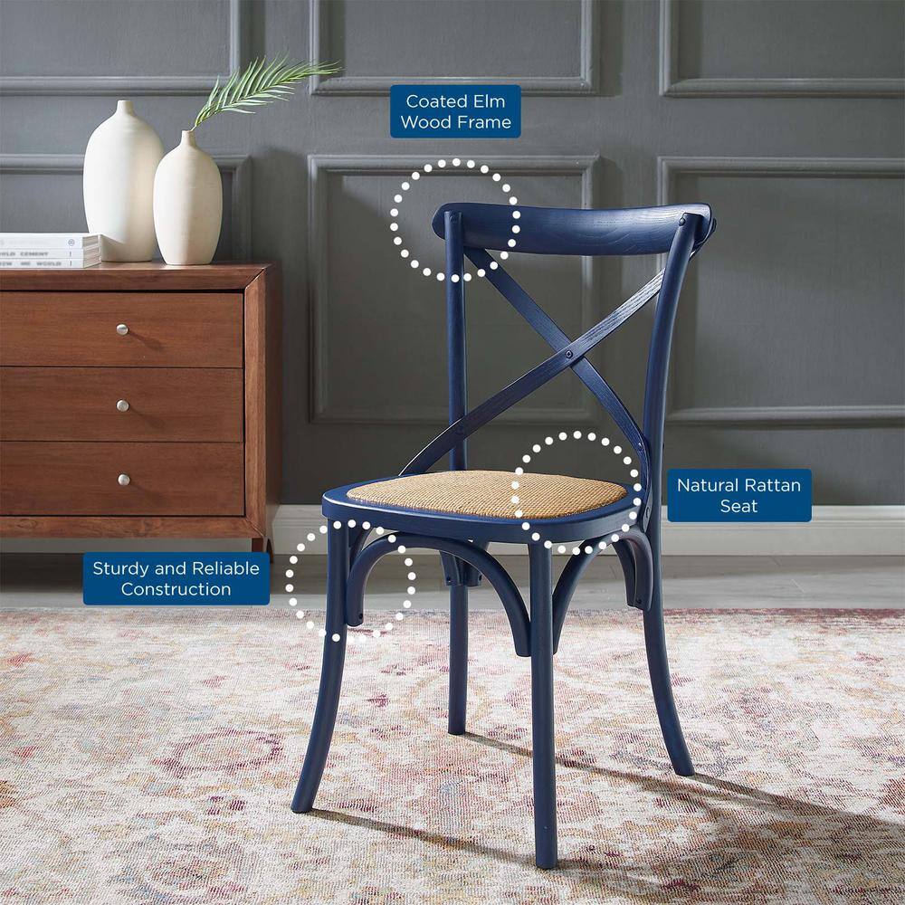Midnight Blue Rustic Farmhouse Elm Wood Side Chair with Rattan Seat