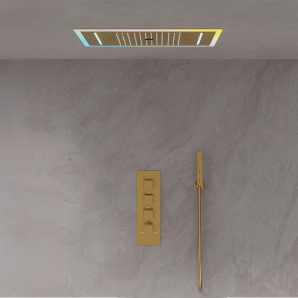 LED Shower System Kit 3-Spray Ceiling Mount 25 in. Fixed and Handheld Shower Head Bluetooth Music in Brushed Gold