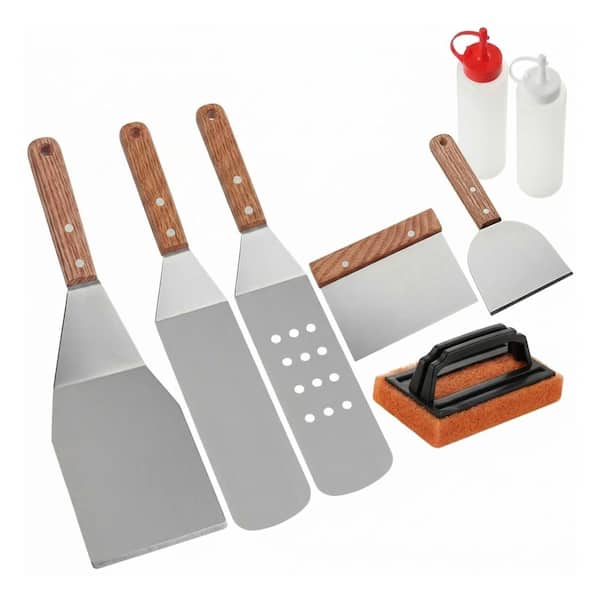 8-Piece Stainless Steel Wood Handle Griddle Cooking Set with Spatulas Flipper Chopper Scraper Brush Bottles