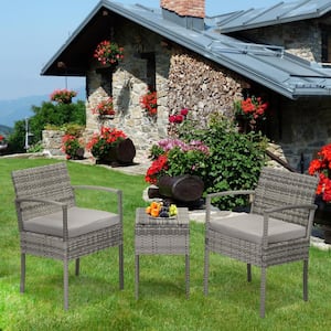 3-Pieces Rattan Wicker Patio Conversation Set with Grey Cushions