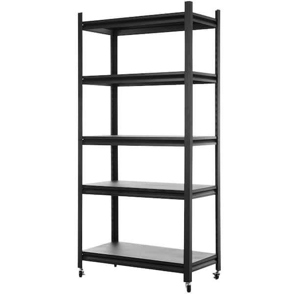 Tileon 5-Storey Kitchen Storage Rack, Adjustable Metal Storage Rack With Rollers, Storage Rack Unit Organizer in Black