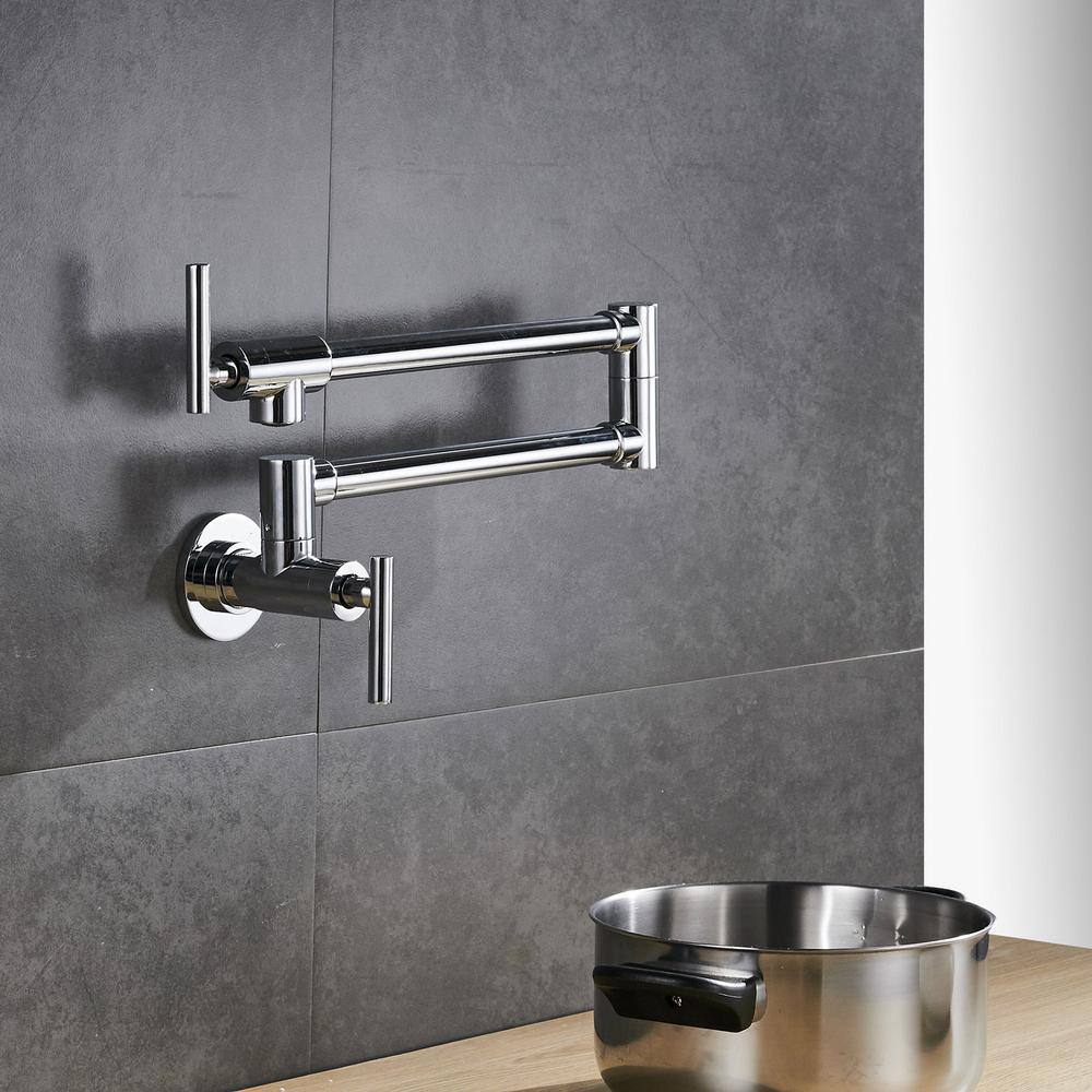 Polished Chrome Wall-Mounted Pot Filler Faucet with Double Joint Swing Arm