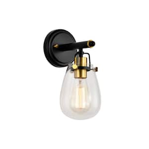 Ontario 5 in. 1-Light Black and Antique Gold Indoor Wall Sconce with Clear Glass Shades