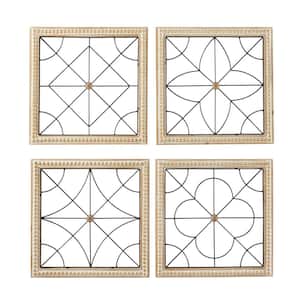 Brown Wood Carved Beading Geometric Wall Art with Metal Wire (Set of 4)