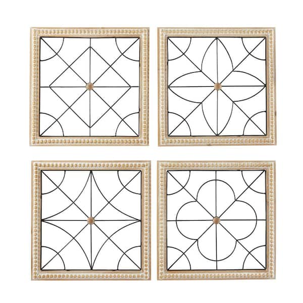 Litton Lane Brown Wood Carved Beading Geometric Wall Art with Metal Wire (Set of 4)