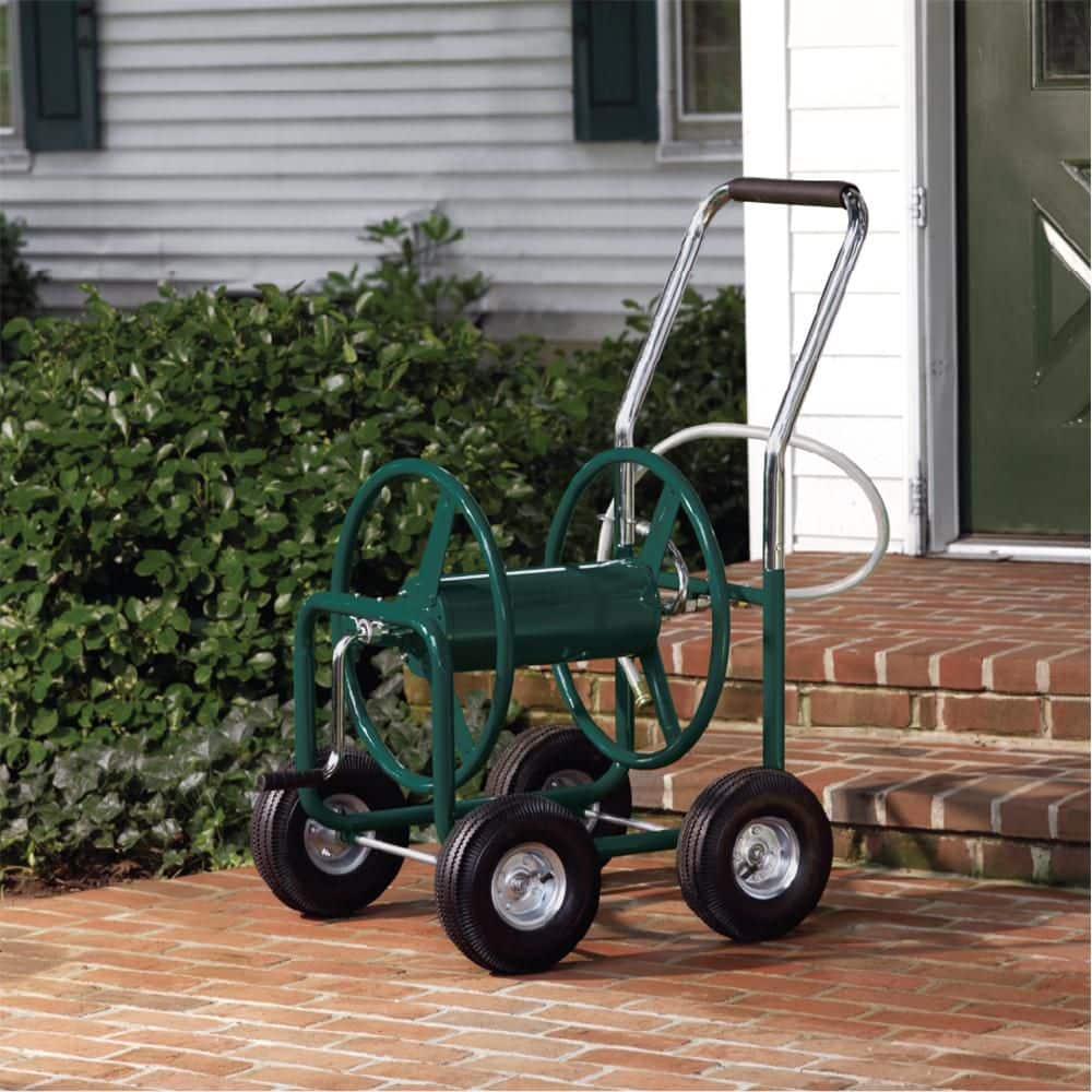 Green Steel 400 ft. Hose Reel Cart with Four Wheels