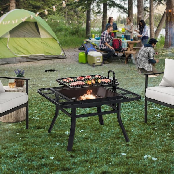 Darius 38 in. Black Square Firepit Laege Steel Fire Pits with Adjustable Cooktop BBQ Grill and Fire Poker for Outside