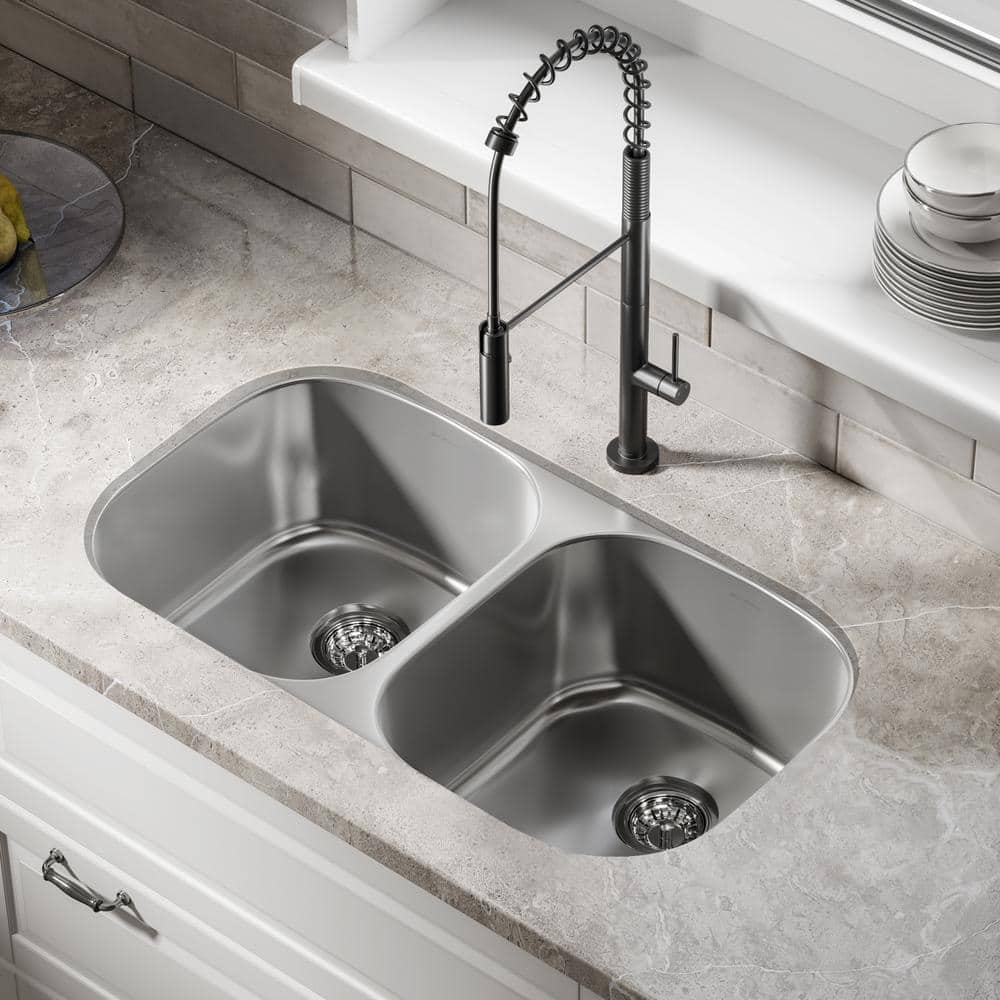 KBFmore US114SSGR 31 inch Double Equal Bowl Undermount Classic Kitchen Sink with 6 Pieces Sink Accessories