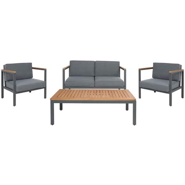 SAFAVIEH Chicopee Natural 4-Piece Wood Patio Conversation Set with Gray Cushions