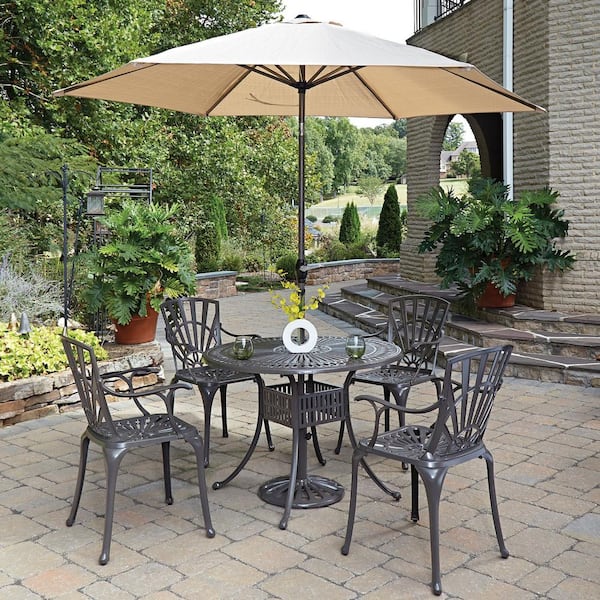 HOMESTYLES Grenada 42 in. Taupe Tan 5-Piece Outdoor Cast Aluminum Round Dining Set with Umbrella