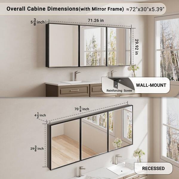 Musey 72 in W x 30 in H Black Rectangular Aluminum Medicine Cabinet with Beveled Mirror and Shelves, Recessed or Surface
