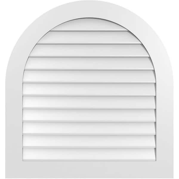 Ekena Millwork 34 in. x 36 in. Round Top Surface Mount PVC Gable Vent: Decorative with Standard Frame