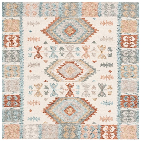 SAFAVIEH Micro-Loop Ivory/Blue 6 ft. x 6 ft. Native American Square Area Rug